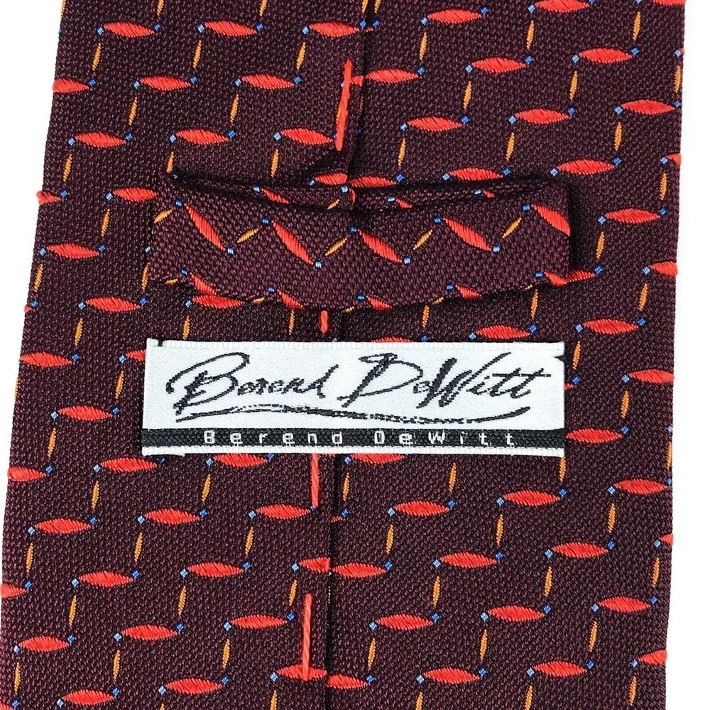 BEREND DEWITT Men's Tie Red Orange Blue Woven 100% Silk Made In Italy Necktie
